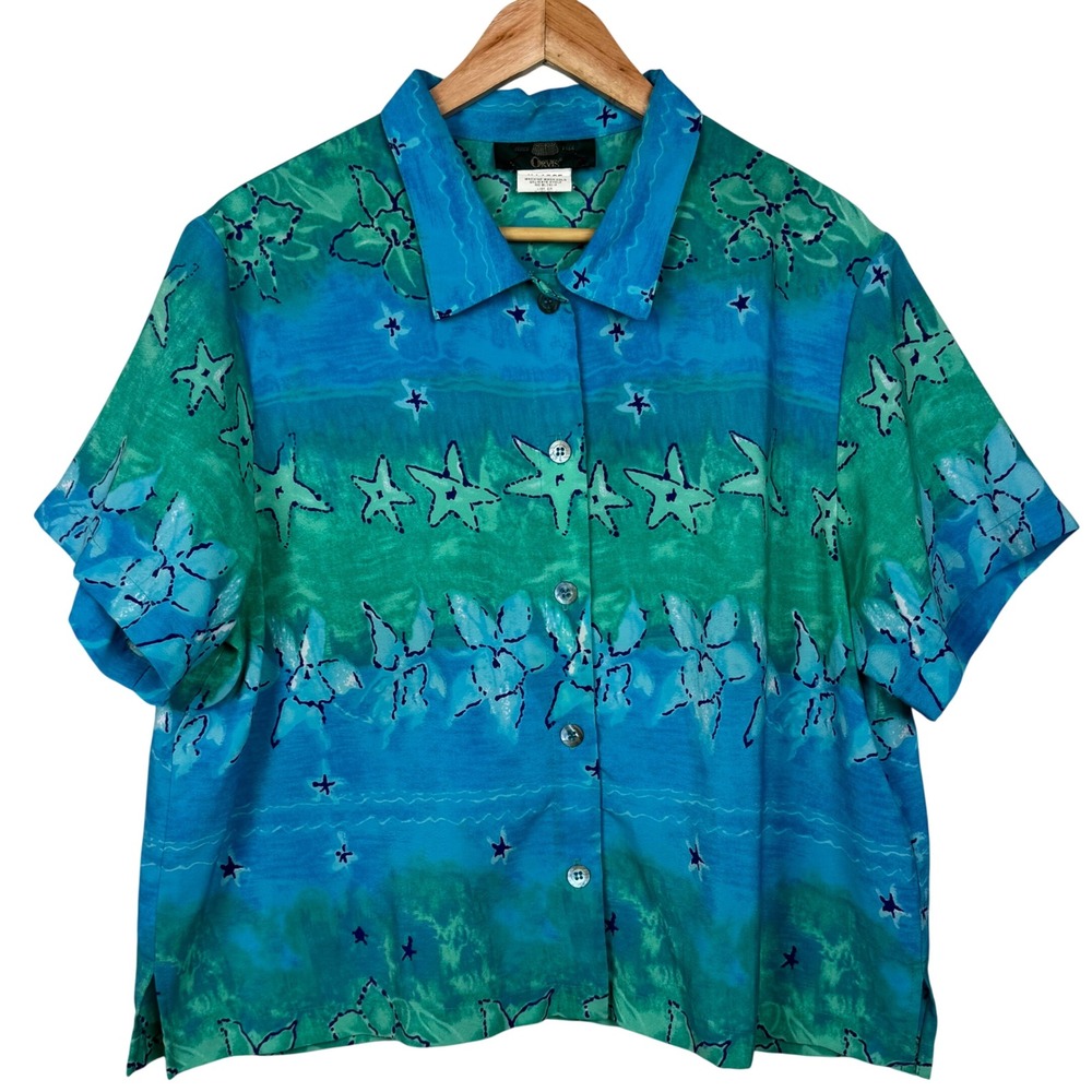 Vintage Orvis Button Up Shirt Womens XL Blue Green Starfish Tropical Coastal USA